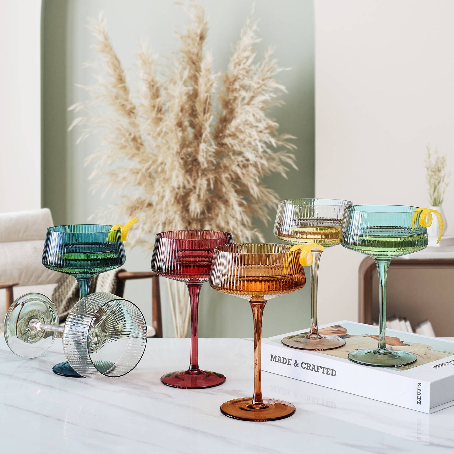 Colored Ribbed Coupe Glasses | Set of 6, 7.5 OZ